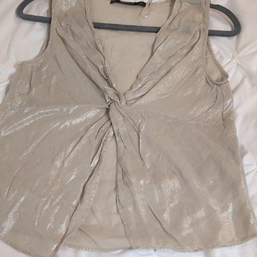 Zara Cream and Gold Sleeveless Tie Front Blouse